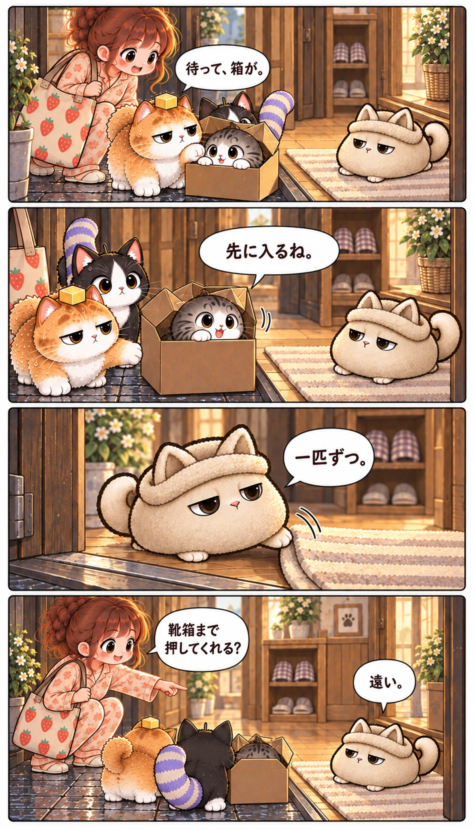 待って、箱が。 先に入るね。 一匹ずつ。 靴箱まで押してくれる？ 遠い。