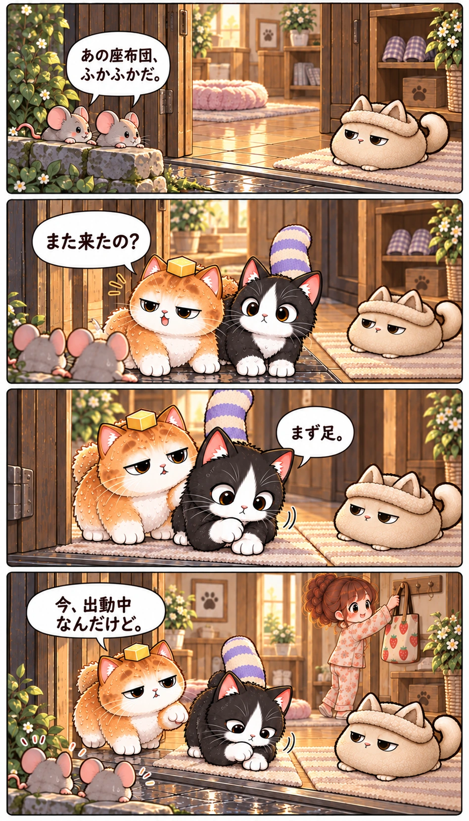 あの座布団、ふかふかだ。 また来たの？ まず足。 今、出動中なんだけど。