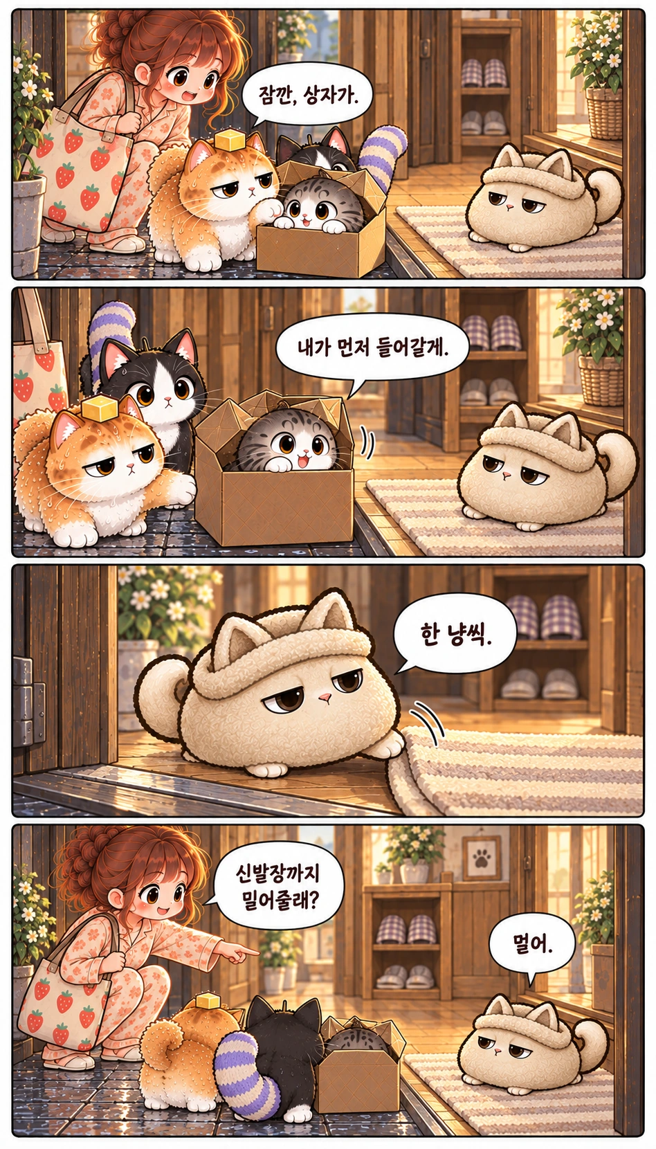 잠깐, 상자가. 내가 먼저 들어갈게. 한 냥씩. 신발장까지 밀어줄래? 멀어.