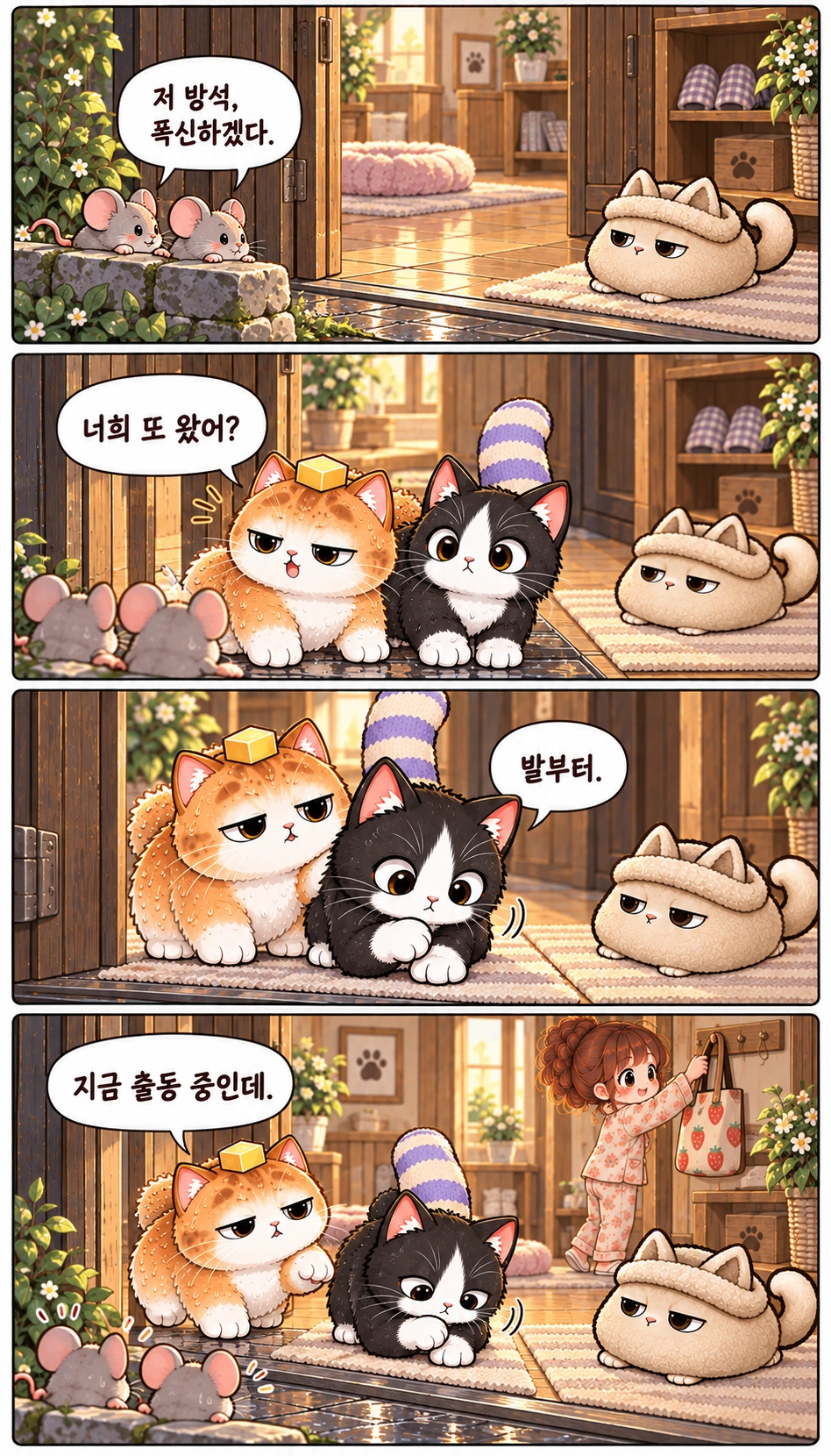 저 방석, 폭신하겠다. 너희 또 왔어? 발부터. 지금 출동 중인데.