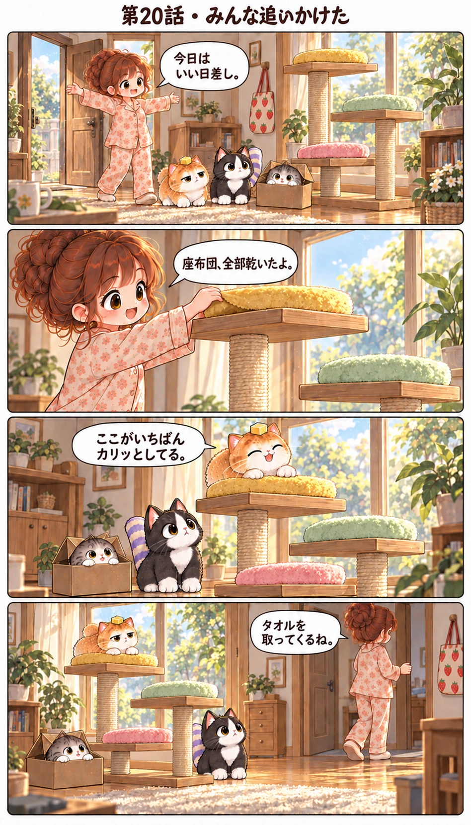 第20話 · みんな追いかけた 今日はいい日差し。 座布団、全部乾いたよ。 ここがいちばんカリッとしてる。 タオルを取ってくるね。
