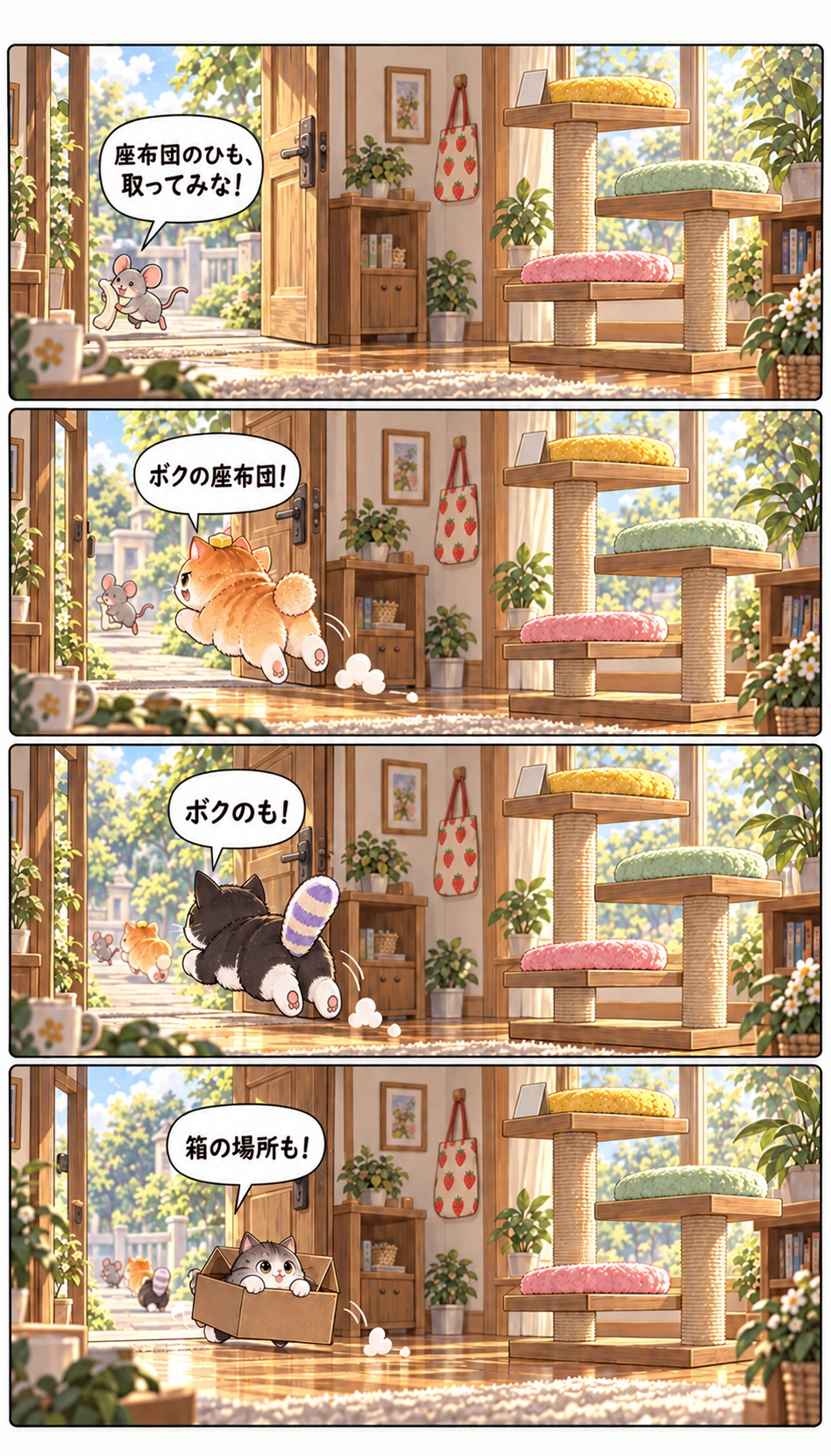 座布団のひも、取ってみな！ ボクの座布団！ ボクのも！ 箱の場所も！