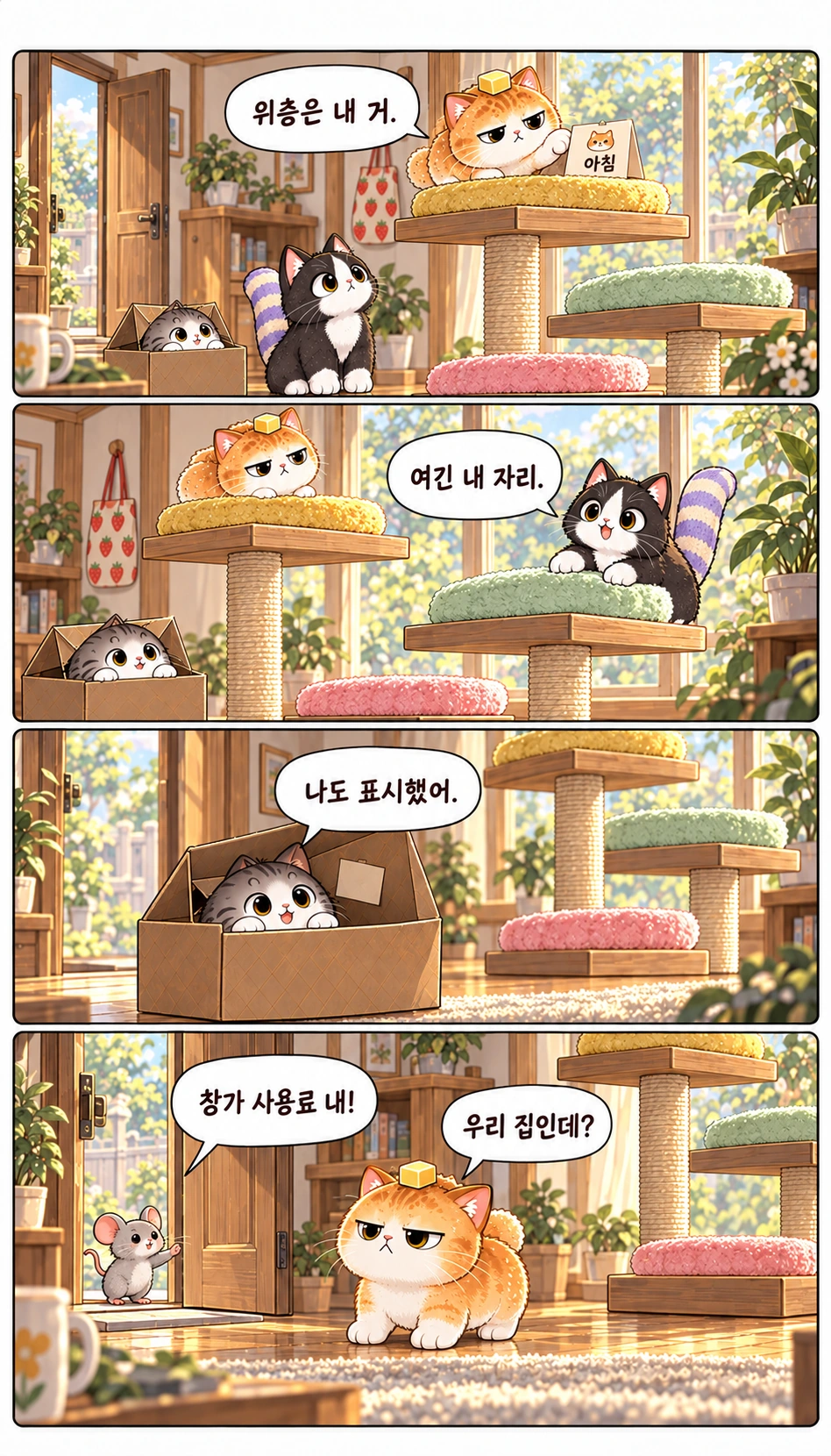 위층은 내 거. 아침 여긴 내 자리. 나도 표시했어. 창가 사용료 내! 우리 집인데?