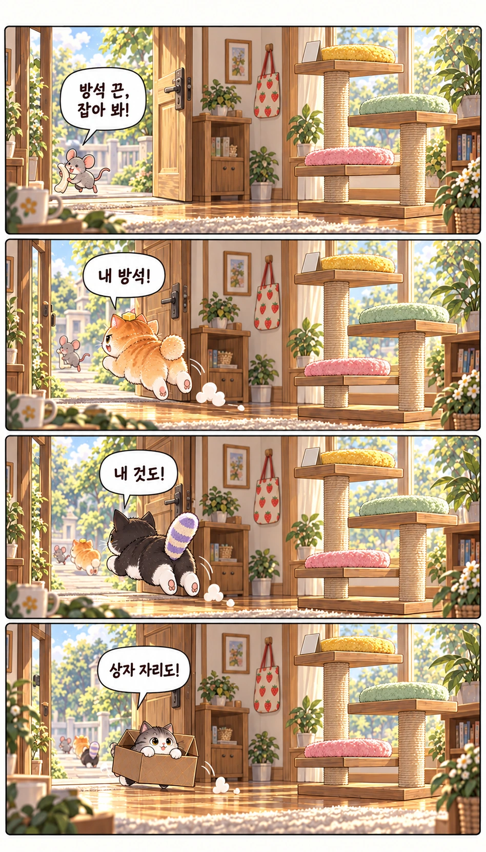 방석 끈, 잡아 봐! 내 방석! 내 것도! 상자 자리도!