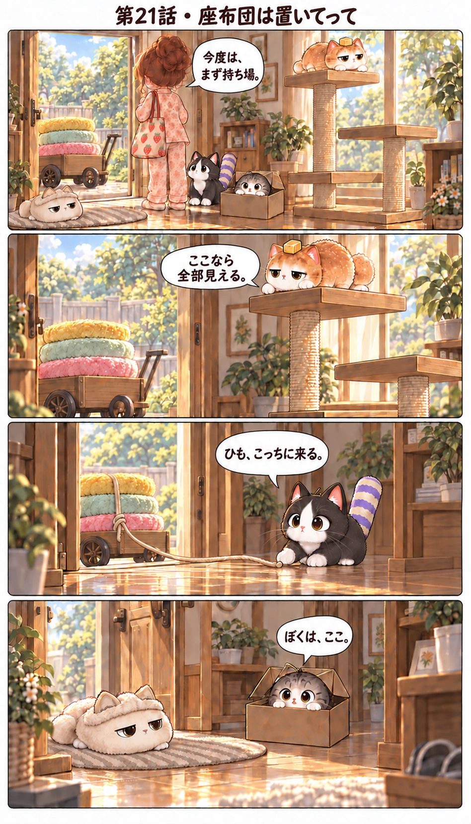 第21話・座布団は置いてって 今度は、まず持ち場。 ここなら全部見える。 ひも、こっちに来る。 ぼくは、ここ。
