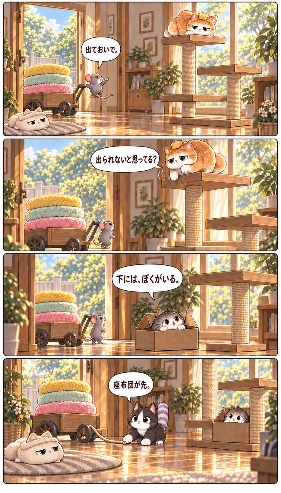 出ておいで。 出られないと思ってる？ 下には、ぼくがいる。 座布団が先。