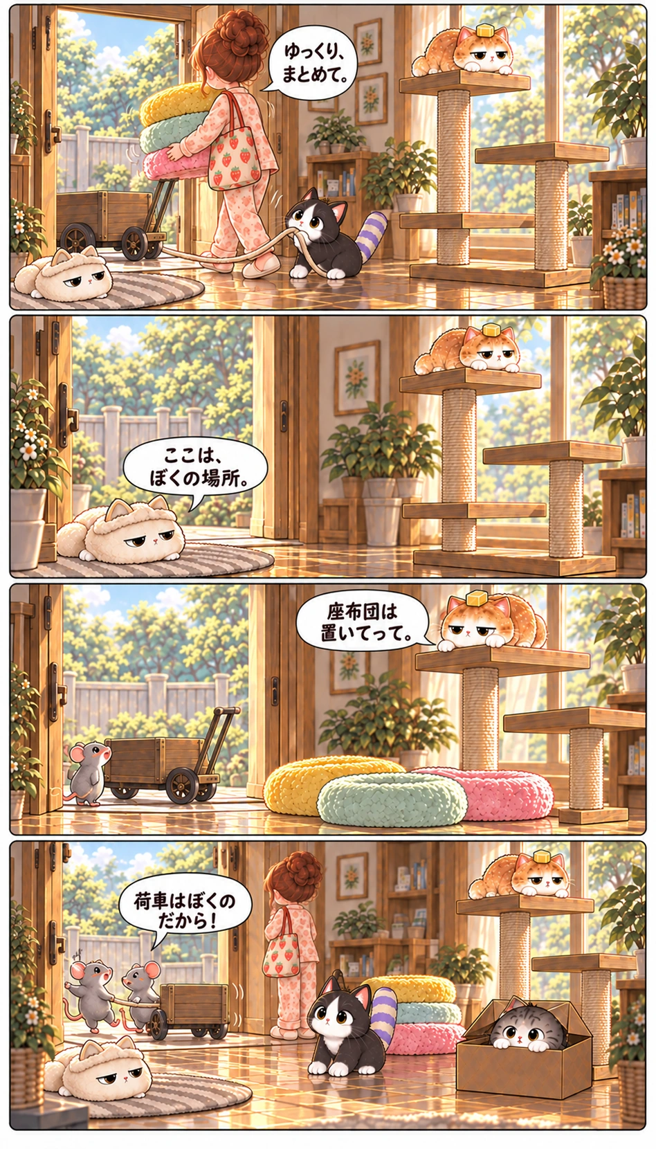 ゆっくり、まとめて。 ここは、ぼくの場所。 座布団は置いてって。 荷車はぼくのだから！