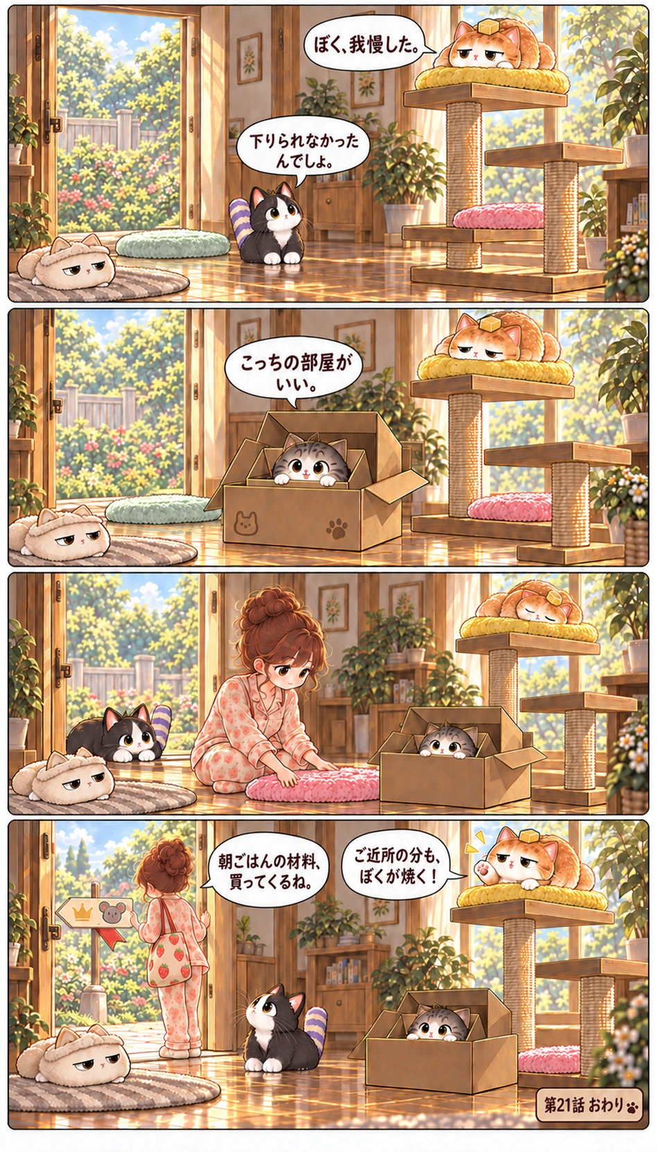 ぼく、我慢した。 下りられなかったんでしょ。 こっちの部屋がいい。 朝ごはんの材料、買ってくるね。 ご近所の分も、ぼくが焼く！ 第21話 おわり