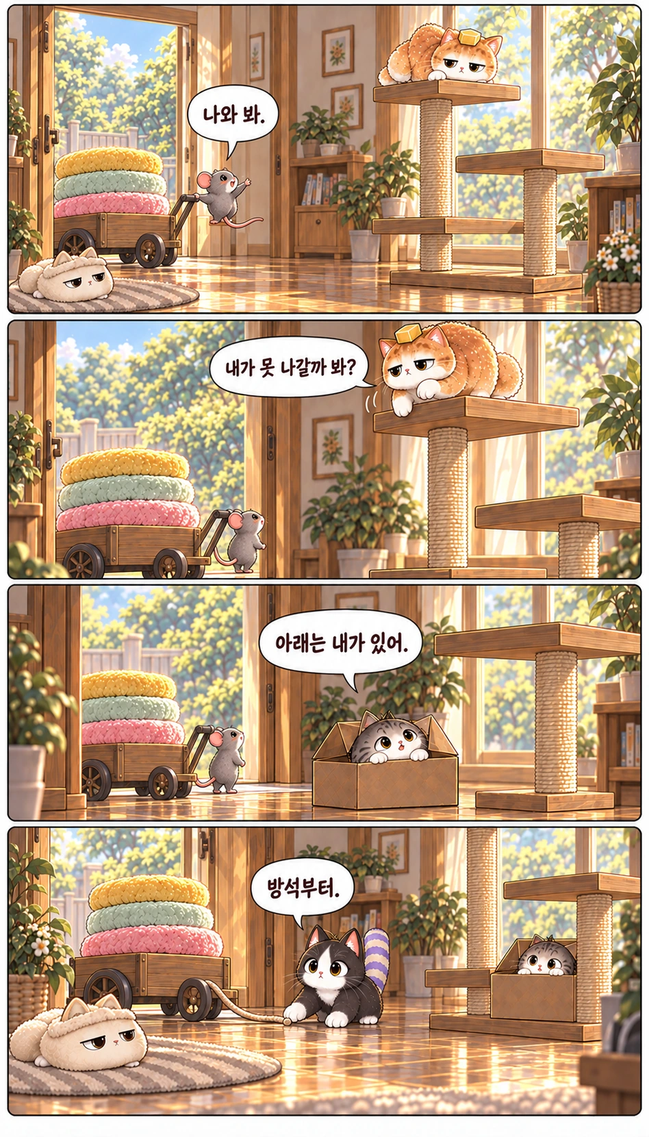 나와 봐. 내가 못 나갈까 봐? 아래는 내가 있어. 방석부터.