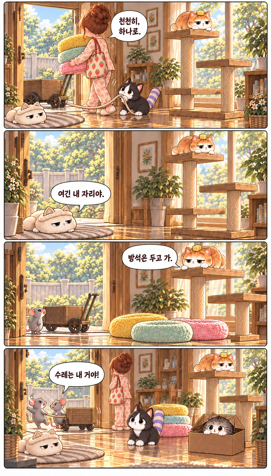 천천히, 하나로. 여긴 내 자리야. 방석은 두고 가. 수레는 내 거야!