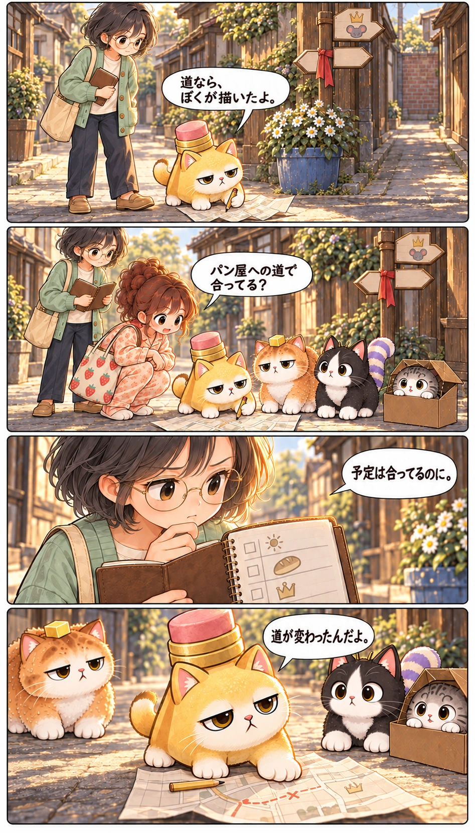 道なら、ぼくが描いたよ。 パン屋への道で合ってる？ 予定は合ってるのに。 道が変わったんだよ。