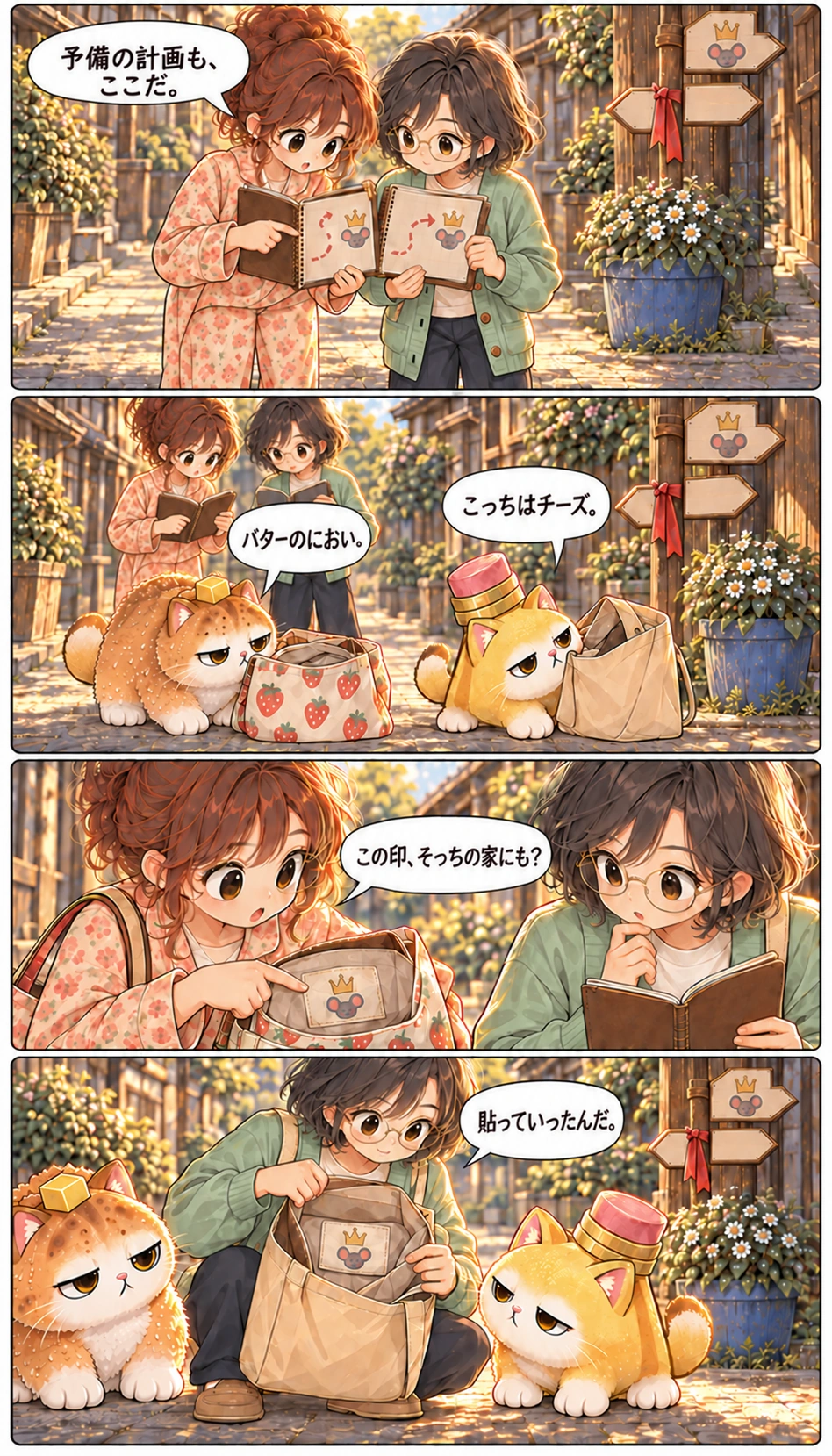 予備の計画も、ここだ。 バターのにおい。 こっちはチーズ。 この印、そっちの家にも？ 貼っていったんだ。