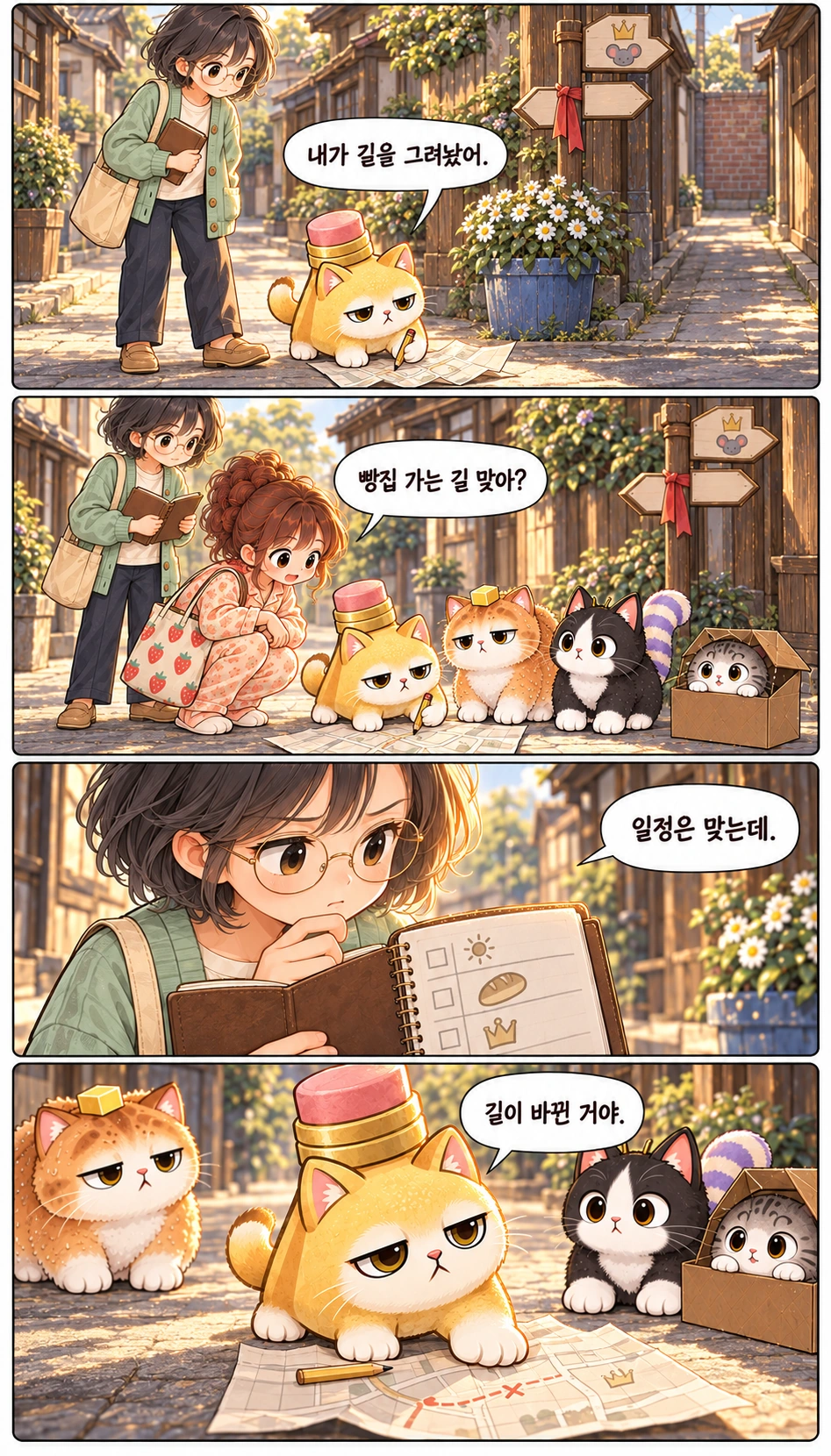 내가 길을 그려놨어. 빵집 가는 길 맞아? 일정은 맞는데. 길이 바뀐 거야.
