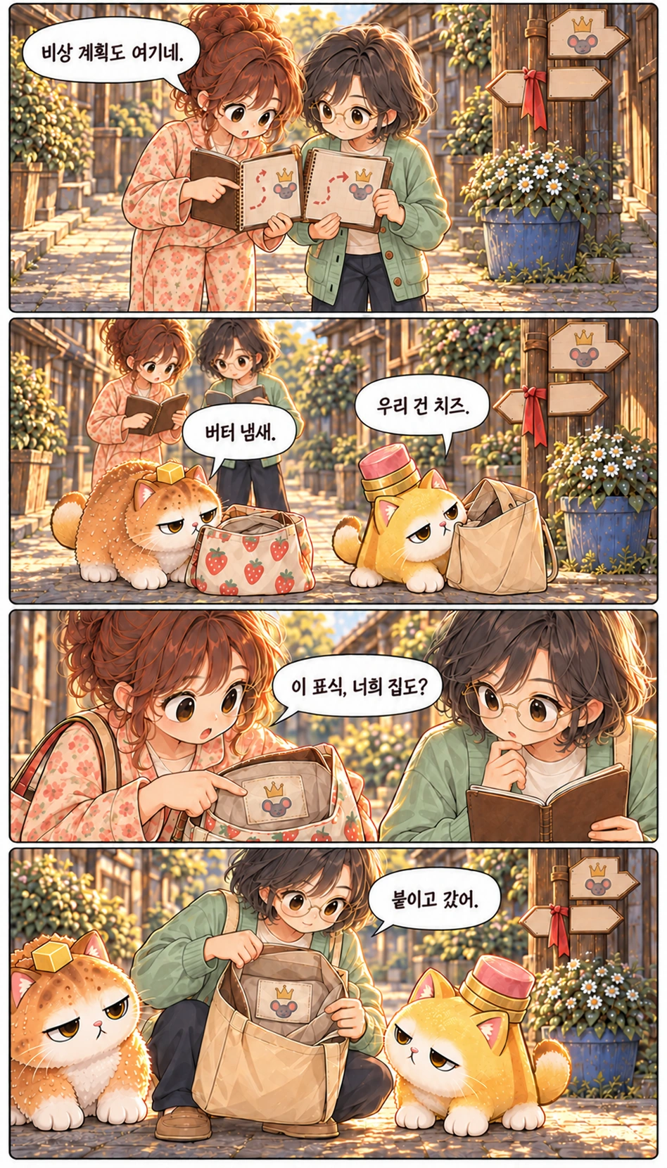 비상 계획도 여기네. 버터 냄새. 우리 건 치즈. 이 표식, 너희 집도? 붙이고 갔어.