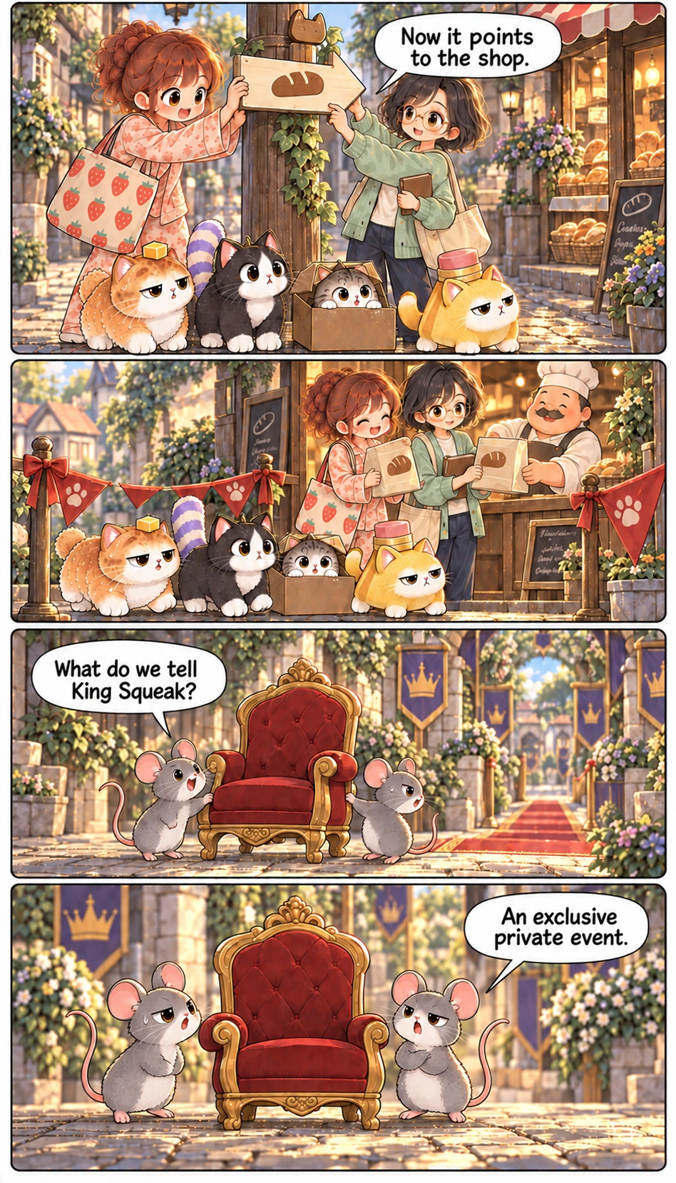Now it points to the shop. What do we tell King Squeak? An exclusive private event.