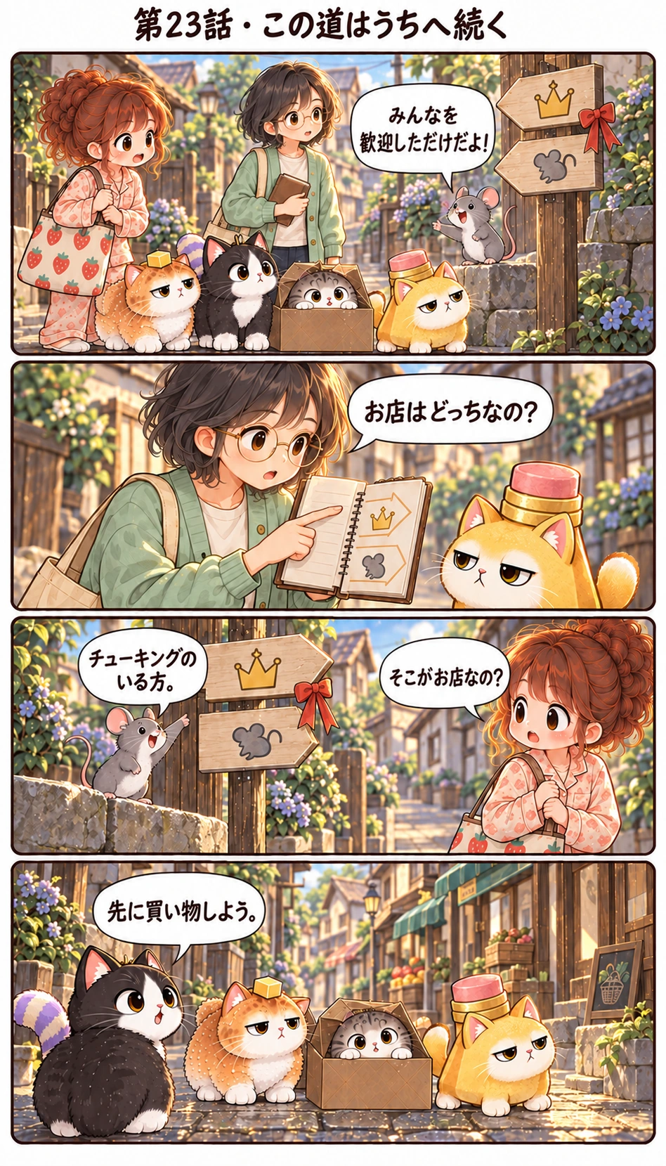 第23話 · この道はうちへ続く みんなを歓迎しただけだよ！ お店はどっちなの？ チューキングのいる方。 そこがお店なの？ 先に買い物しよう。