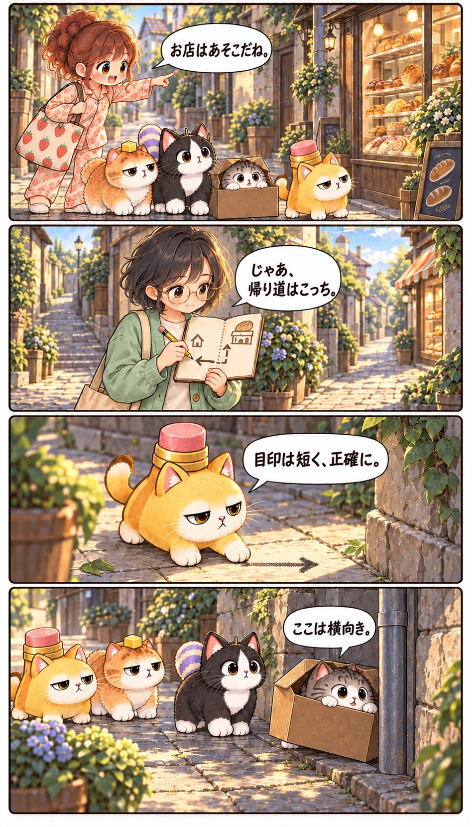 お店はあそこだね。 じゃあ、帰り道はこっち。 目印は短く、正確に。 ここは横向き。