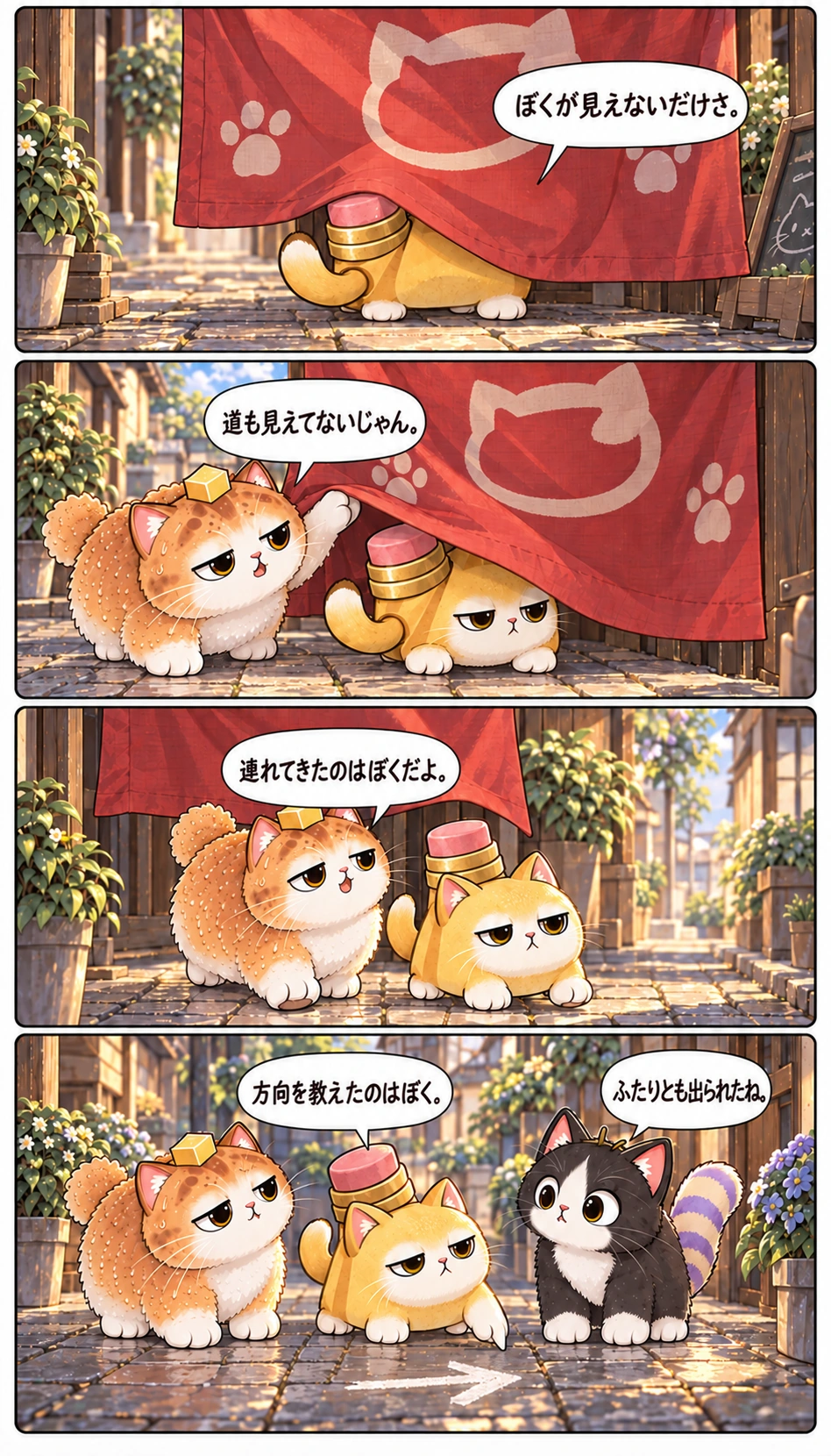 ぼくが見えないだけさ。 道も見えてないじゃん。 連れてきたのはぼくだよ。 方向を教えたのはぼく。 ふたりとも出られたね。