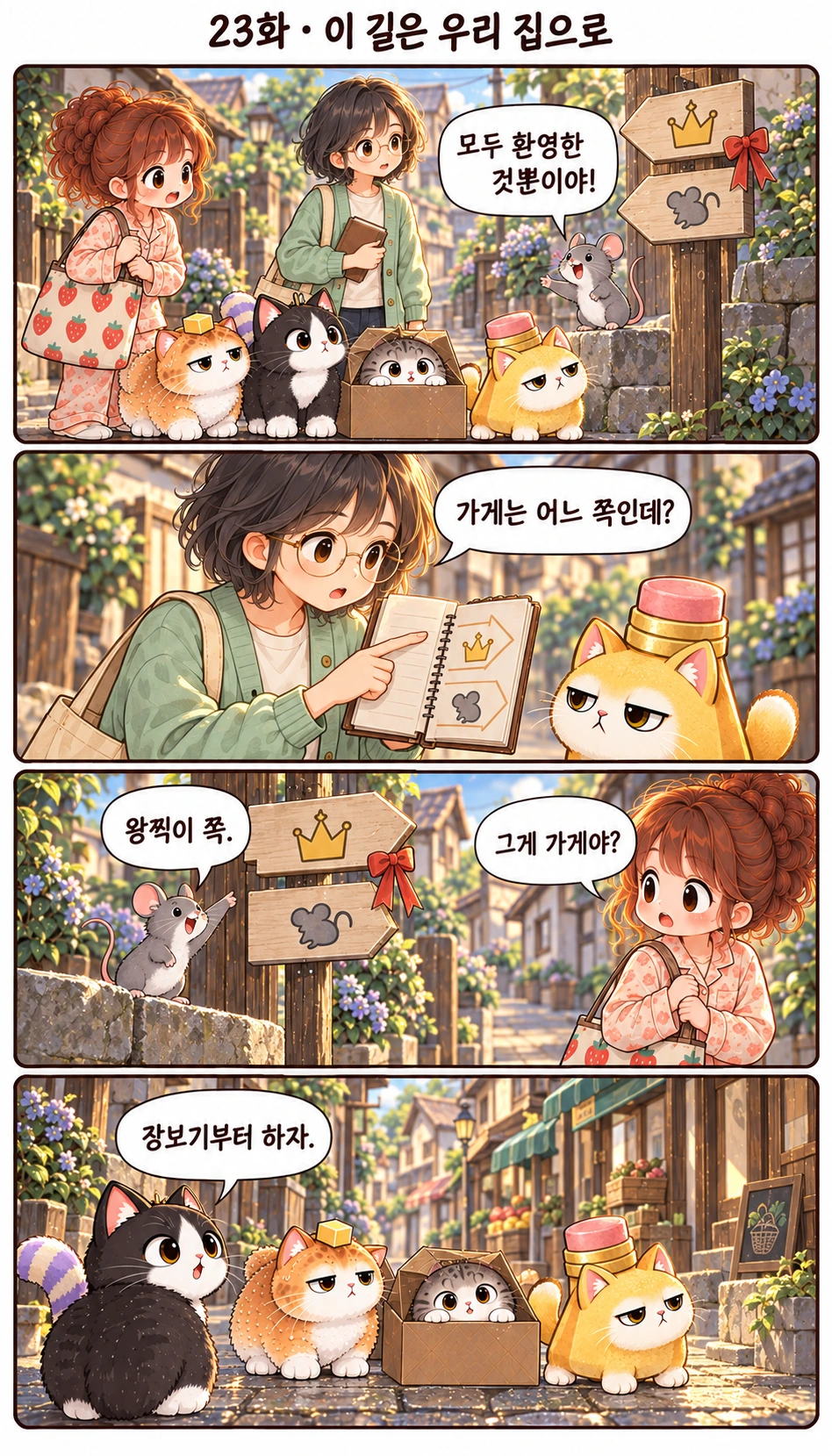 23화 · 이 길은 우리 집으로 모두 환영한 것뿐이야! 가게는 어느 쪽인데? 왕찍이 쪽. 그게 가게야? 장보기부터 하자.