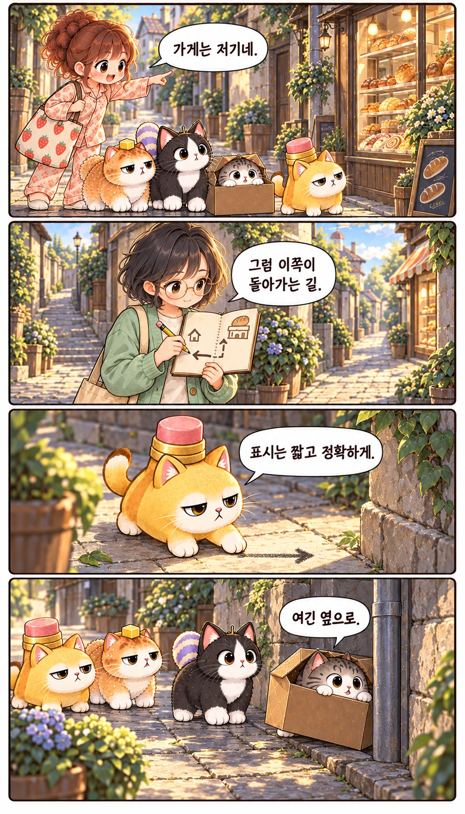 가게는 저기네. 그럼 이쪽이 돌아가는 길. 표시는 짧고 정확하게. 여긴 옆으로.