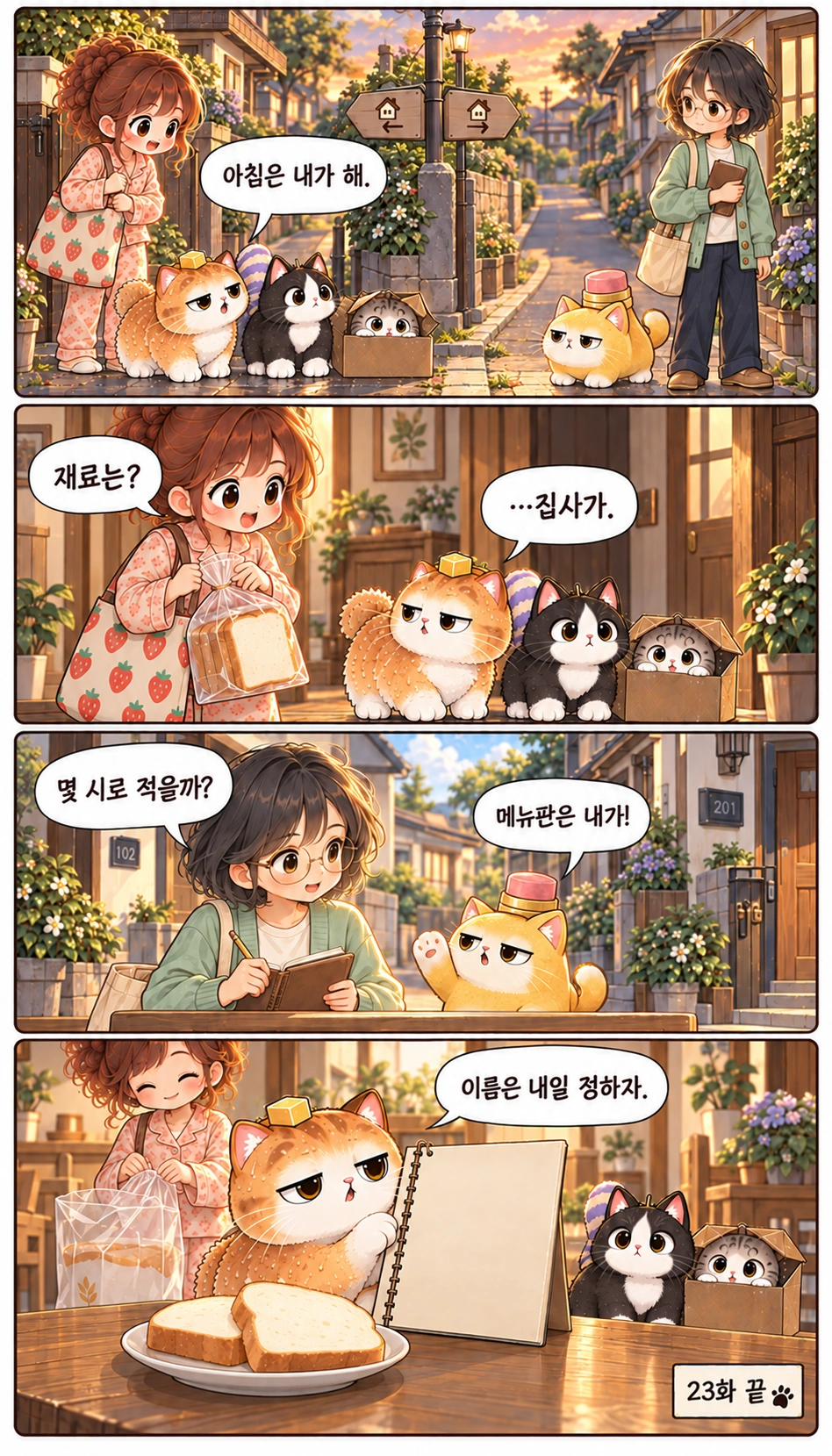 아침은 내가 해. 재료는? …집사가. 몇 시로 적을까? 메뉴판은 내가! 이름은 내일 정하자. 23화 끝