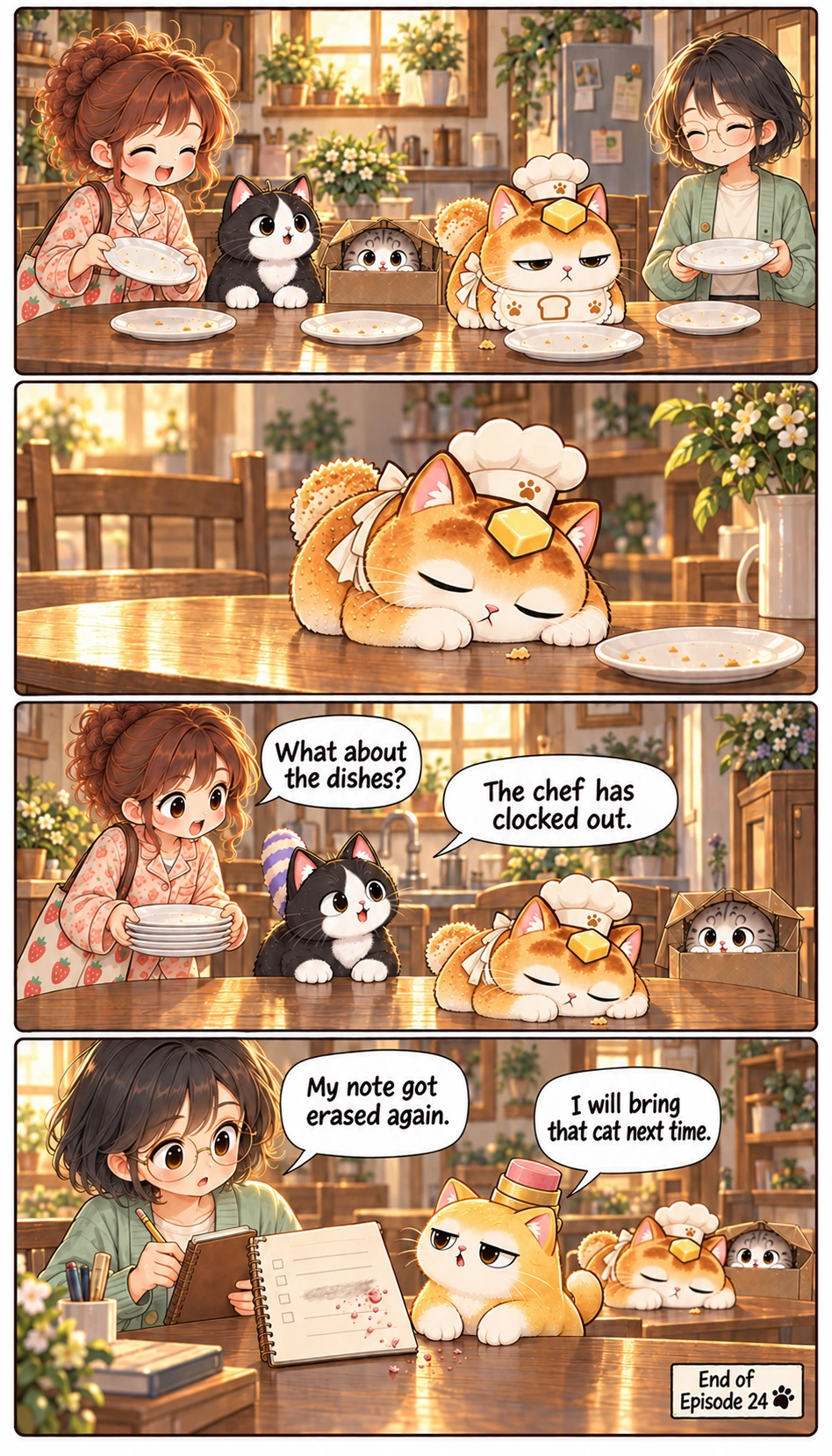 What about the dishes? The chef has clocked out. My note got erased again. I will bring that cat next time. End of Episode 24
