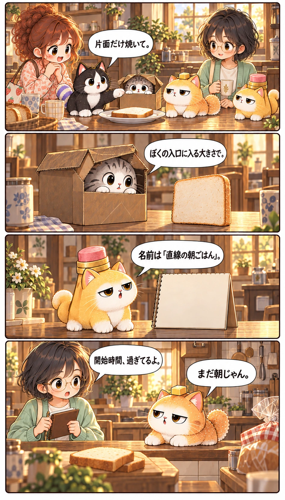 片面だけ焼いて。 ぼくの入口に入る大きさで。 名前は「直線の朝ごはん」。 開始時間、過ぎてるよ。 まだ朝じゃん。