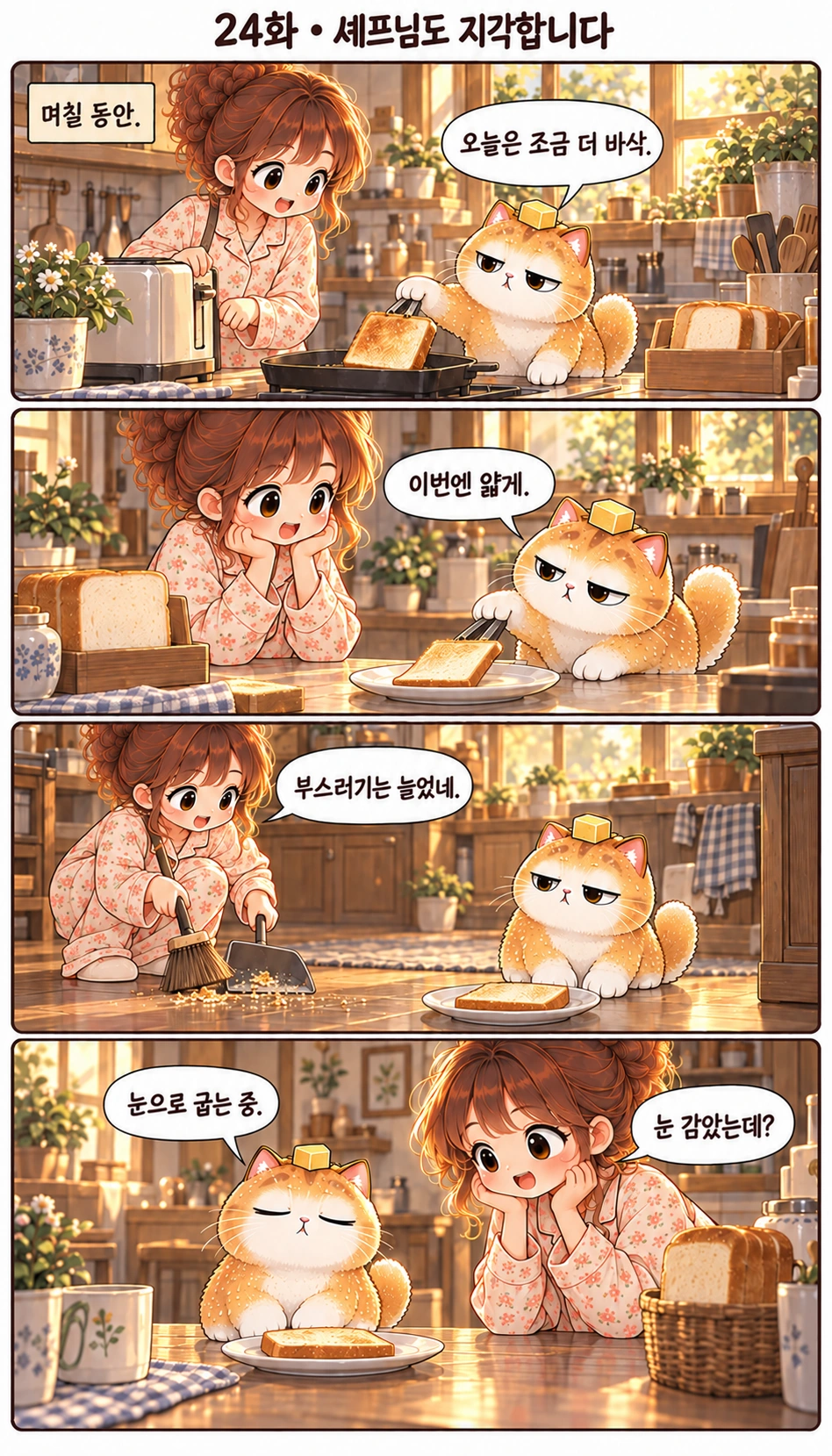 24화 · 셰프님도 지각합니다 며칠 동안. 오늘은 조금 더 바삭. 이번엔 얇게. 부스러기는 늘었네. 눈으로 굽는 중. 눈 감았는데?