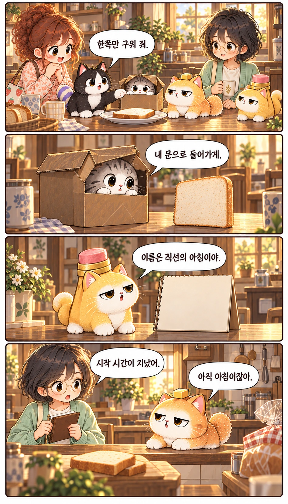 한쪽만 구워 줘. 내 문으로 들어가게. 이름은 직선의 아침이야. 시작 시간이 지났어. 아직 아침이잖아.