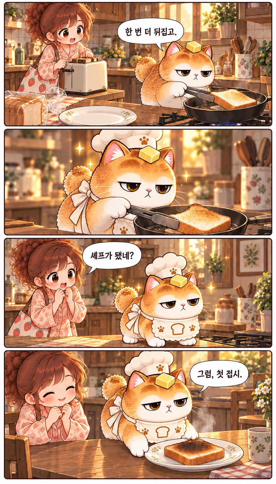 한 번 더 뒤집고. 셰프가 됐네? 그럼, 첫 접시.