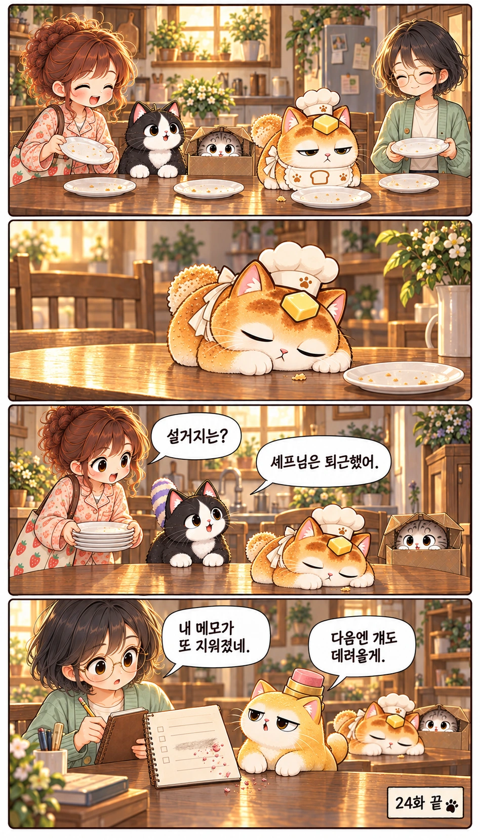 설거지는? 셰프님은 퇴근했어. 내 메모가 또 지워졌네. 다음엔 걔도 데려올게. 24화 끝
