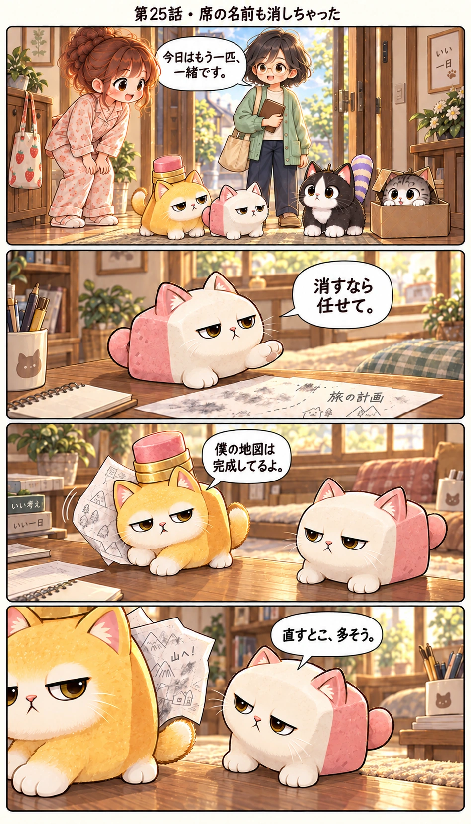 第25話 · 席の名前も消しちゃった 今日はもう一匹、一緒です。 消すなら任せて。 僕の地図は完成してるよ。 直すとこ、多そう。