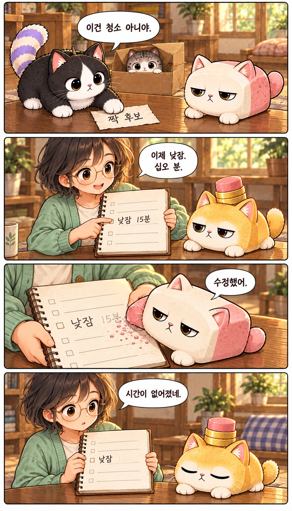 이건 청소 아니야. 이제 낮잠. 십오 분. 수정했어. 시간이 없어졌네.